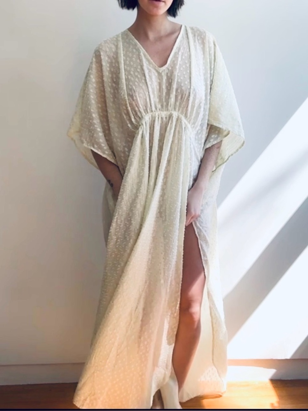 Free People Stevie Sheer Kaftan Maxi Dress Coverup in Dune Ivory One Size